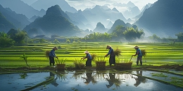 实拍水稻旁劳作场景