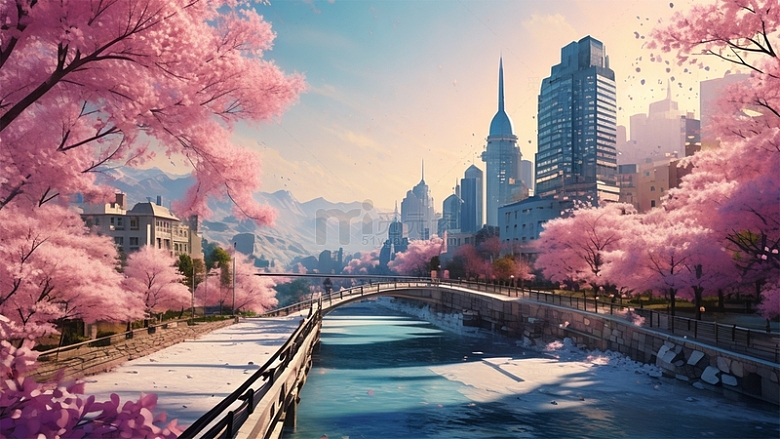 春天鲜花粉色城市建筑场景
