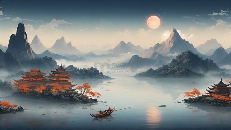 中国风建筑山水月亮夜晚唯美场景
