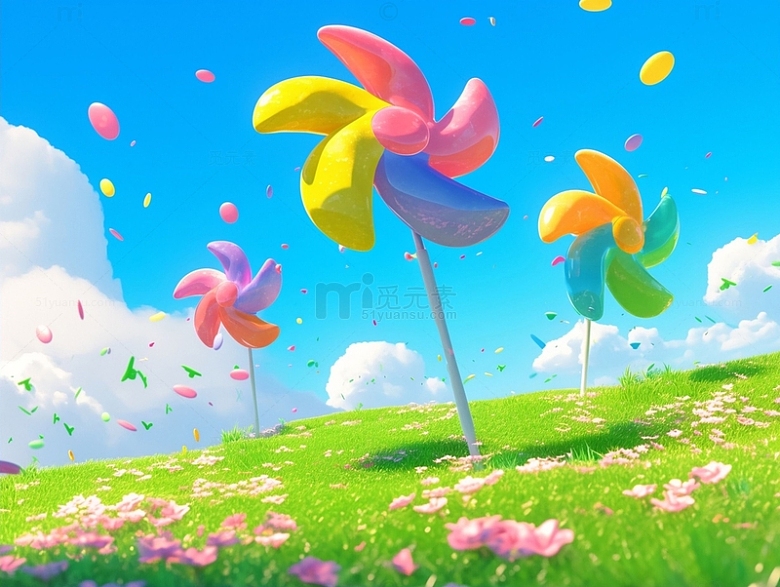 春天草坪上的立体风车