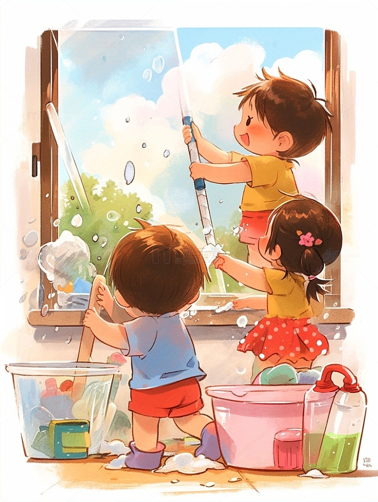 三个擦洗玻璃的小孩