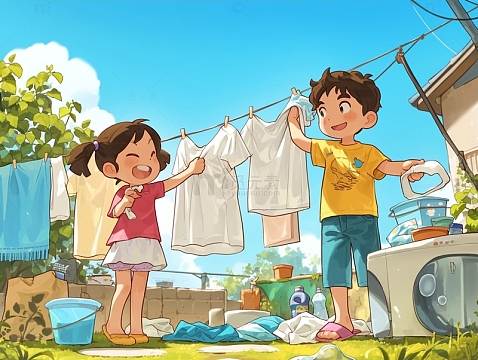 院子晾晒衣服的小朋友