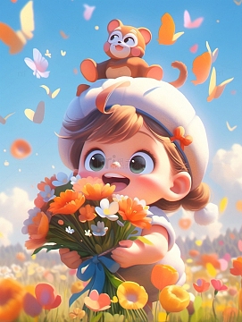 抱着花束的小孩