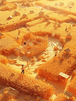 金黄色麦田劳作场景