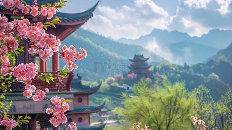 中国风建筑鲜花山水背景场景