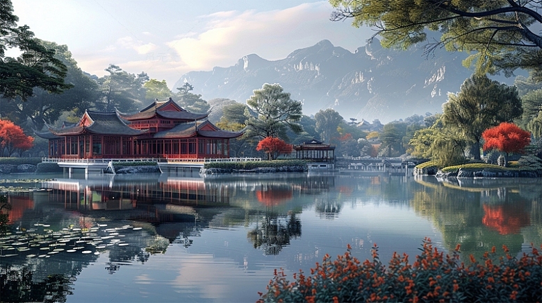 中国风建筑山水湖自然美景