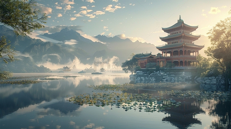 中国风中式建筑山水湖自然美景