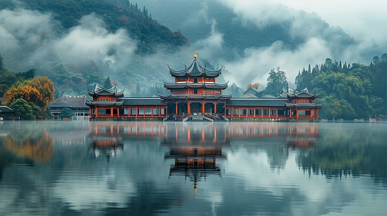 中国风山水建筑云雾唯美场景中式