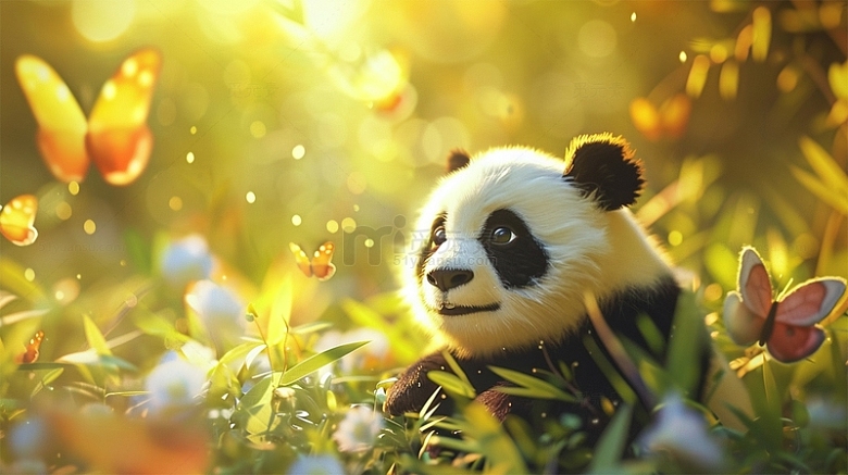 熊猫蝴蝶阳光植物唯美场景