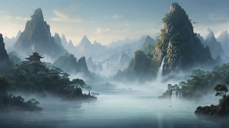 中式建筑中国风山水瀑布场景风景
