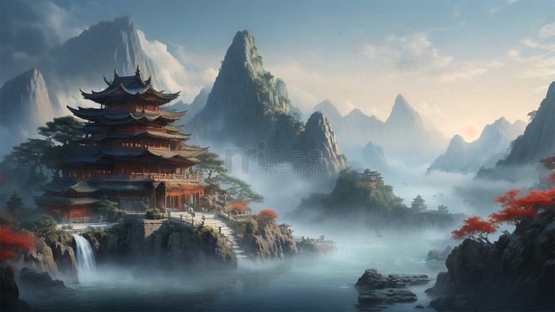 中式建筑瀑布场景山水风景