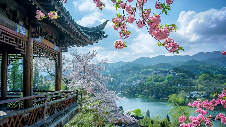 中式建筑凉亭山水鲜花植物唯美场景