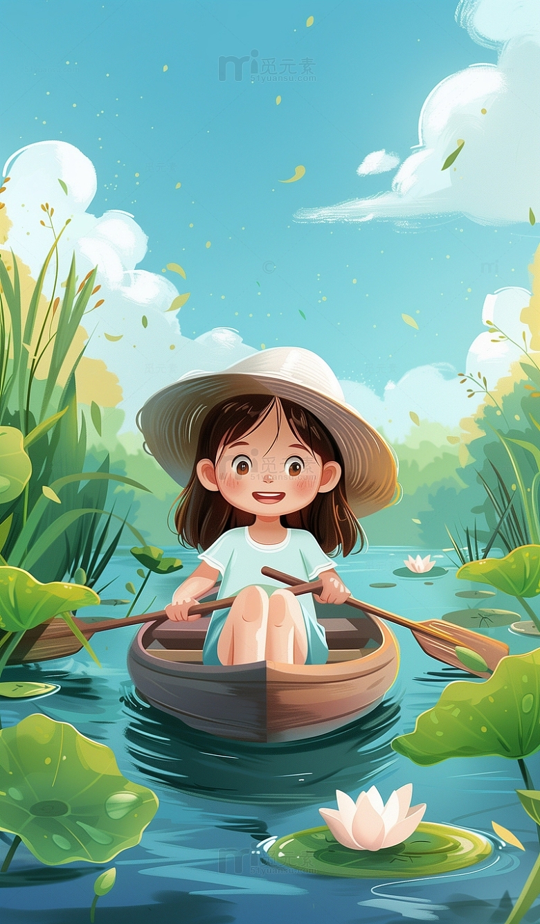 夏天女孩划船游湖插画背景