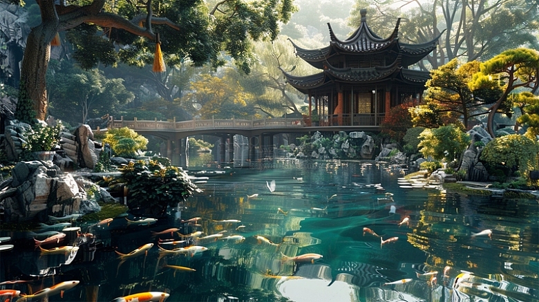 中国风建筑场景湖锦鲤鱼自然风景