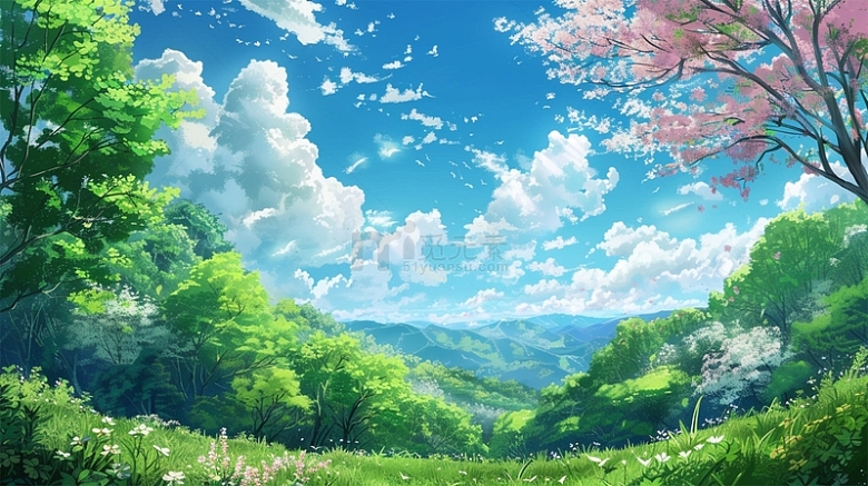 春天山蓝天白云绿色植物唯美场景