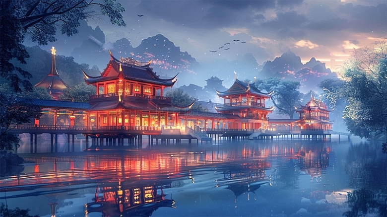 中国风建筑山水夜晚唯美场景