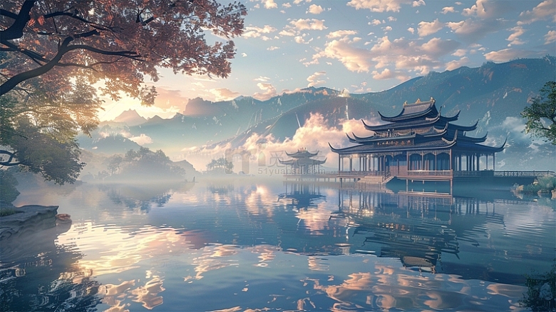 中国风建筑山水蓝天白云唯美场景