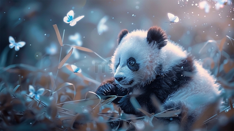 熊猫可爱蝴蝶唯美场景