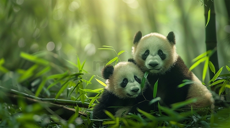 可爱熊猫竹子自然唯美场景