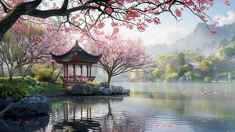 中国风山水建筑凉亭植物唯美场景插画