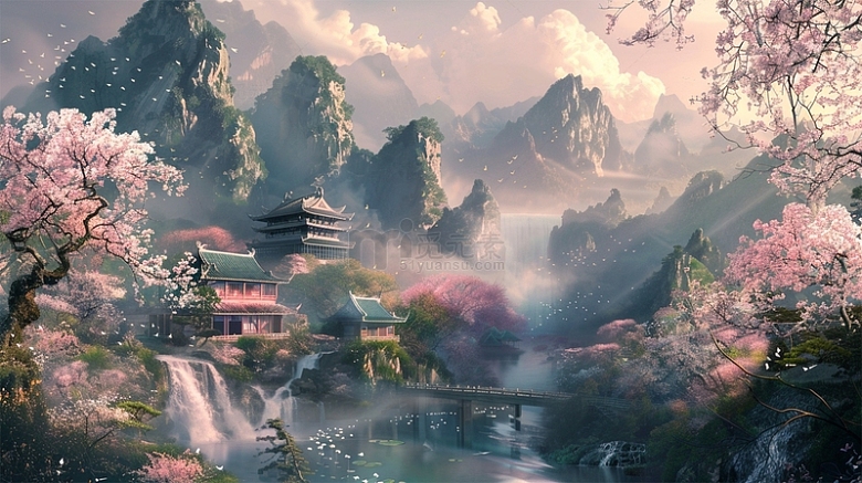 中国风鲜花山水建筑唯美场景