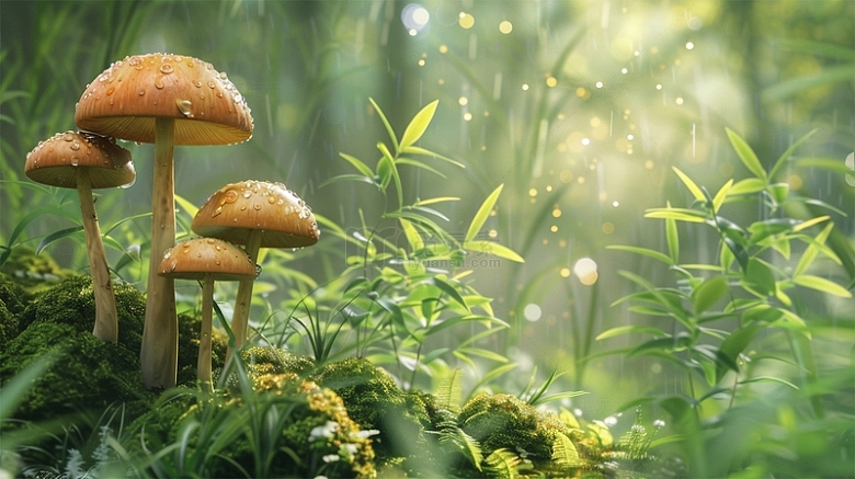 春天植物唯美蘑菇场景下雨