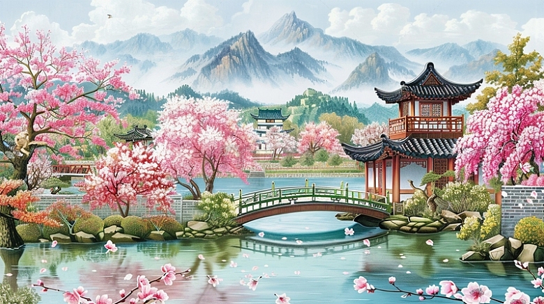 中国风建筑桥山水云雾鲜花植物场景