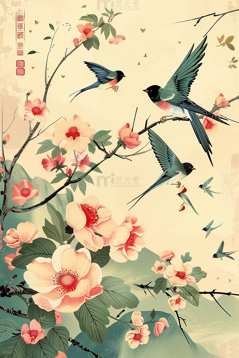 中国古典国画桃花燕子背景