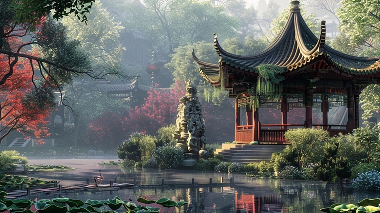 中国风建筑凉亭植物唯美场景插