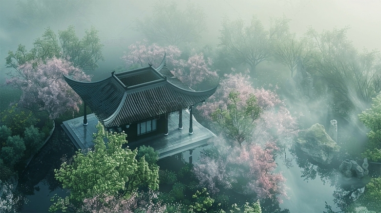 中国风山水建筑植物云雾场景