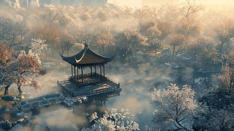 中国风山水建筑唯美场景云雾