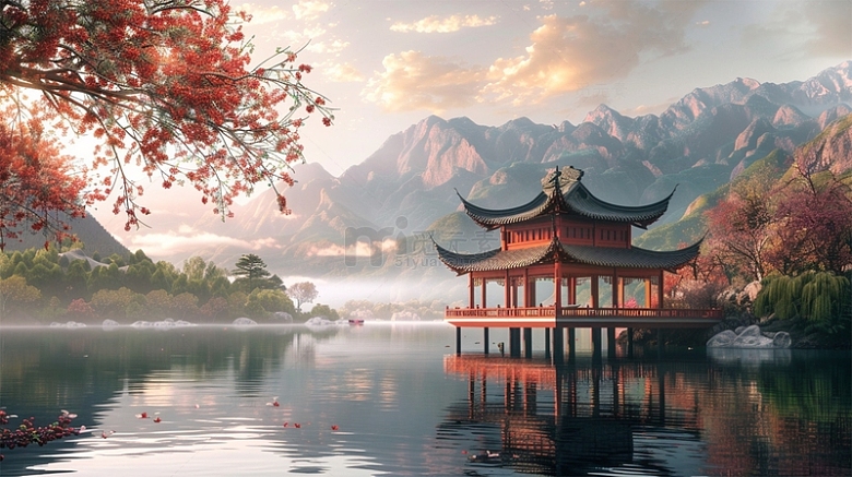 中国风建筑凉亭植物山水场景
