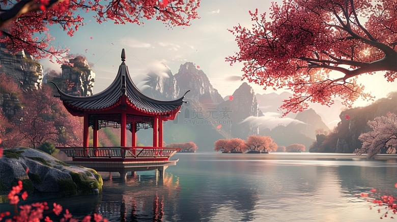 中国风建筑红色凉亭植物山水场景