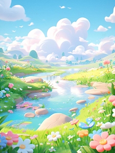 遍地花开蓝色小溪春意生机图片