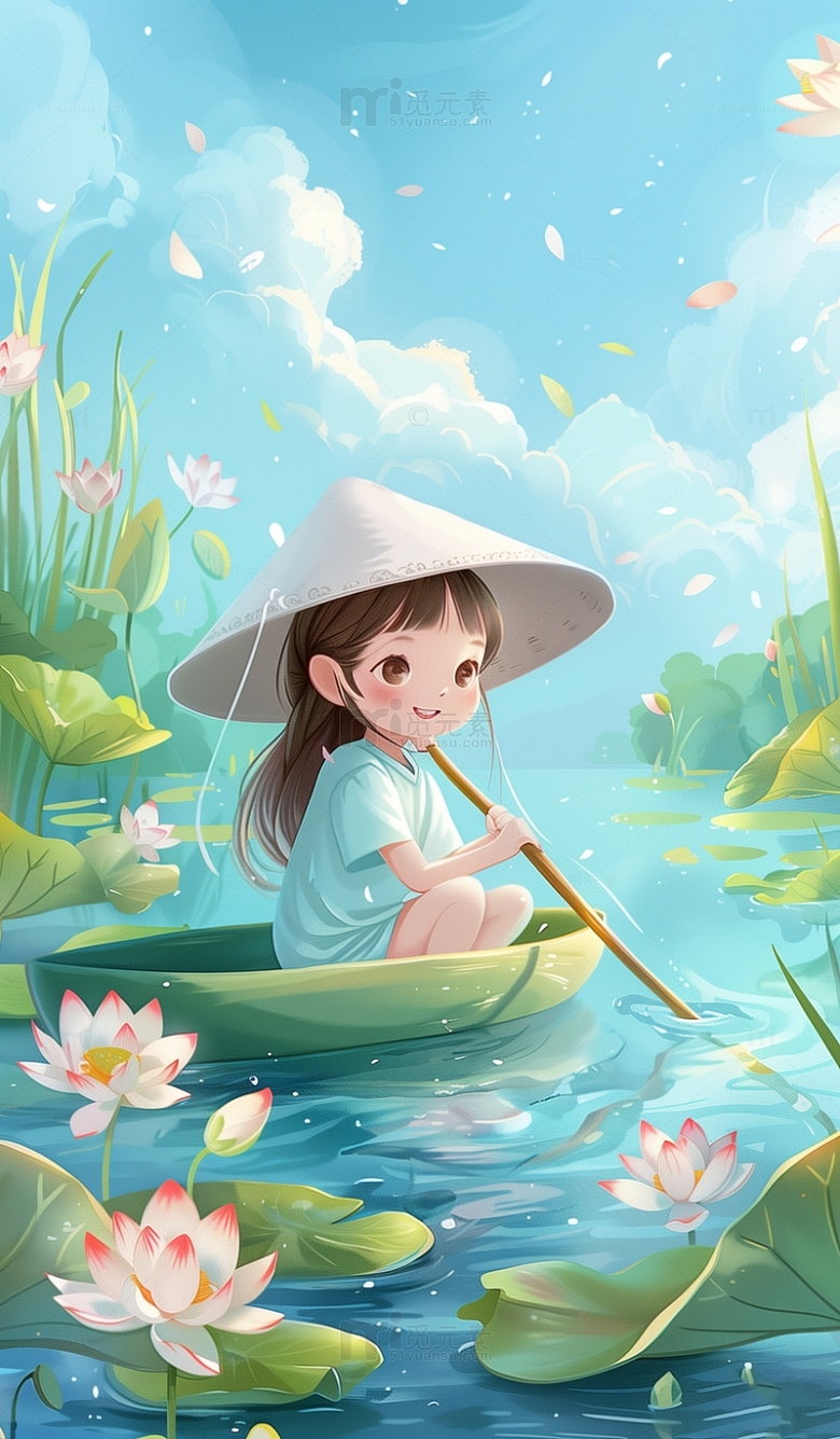 夏季女孩划船插画背景