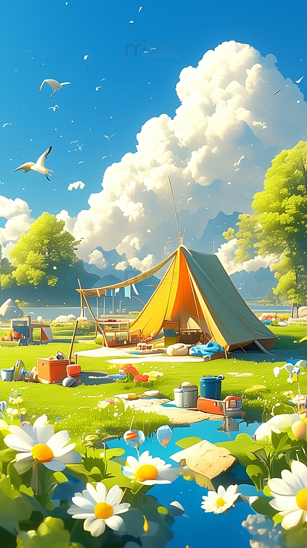 春天户外露营插画背景