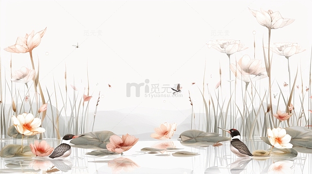 中国风工笔水墨荷花鸟壁纸