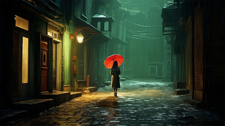 中国风打伞人物下雨街道唯美场景