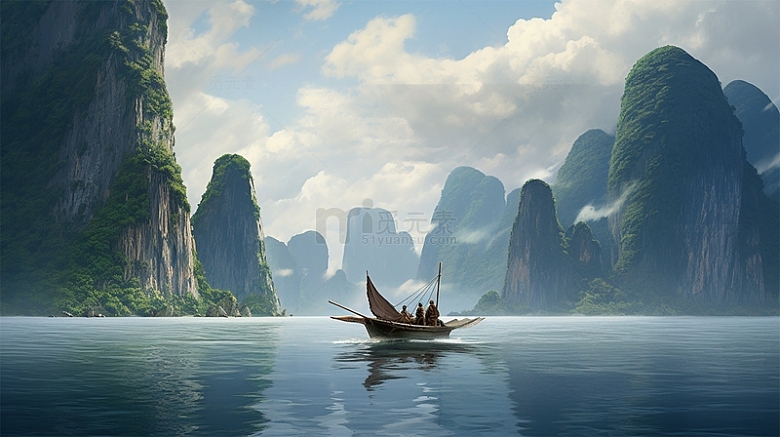 中国风山水风景船蓝天白云场景