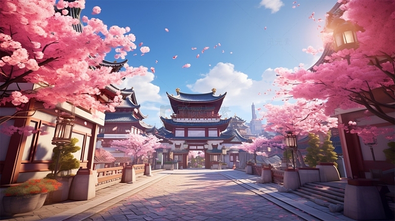 中国风建筑山水粉色鲜花唯美场景