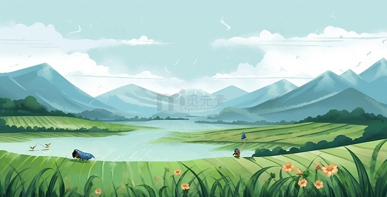 中国风谷雨夏天山水插画背景