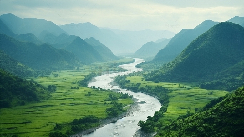 山水河流绿色植物美景场景