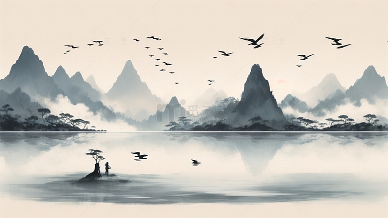 中国风植物山水水墨黑白插画