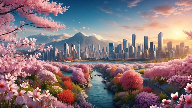 粉色春天城市唯美场景山水植物