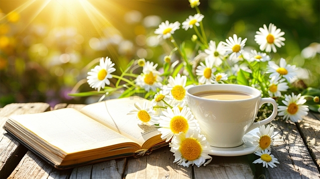 咖啡书植物鲜花阳光唯美场景