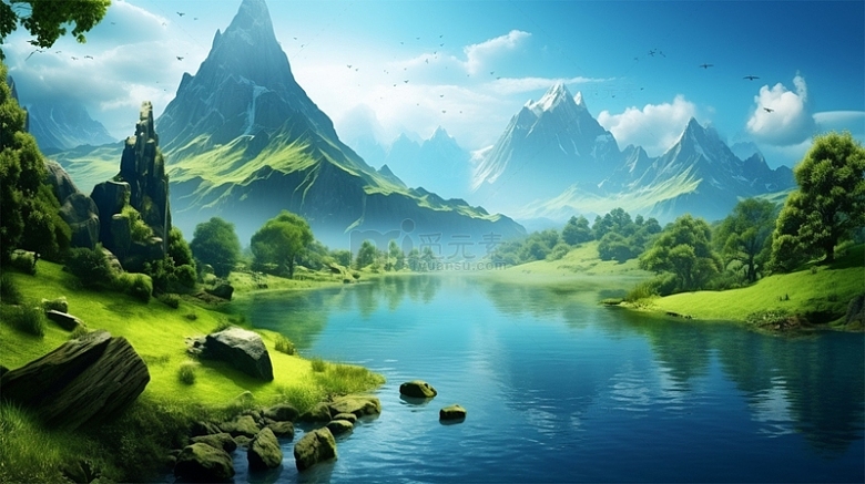 山水春天植物河流场景唯美蓝天白云