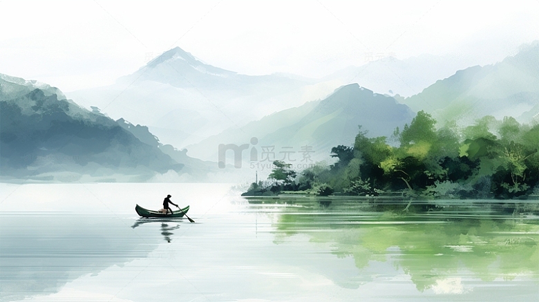 中国风山水水彩水墨绿色唯美场景插画