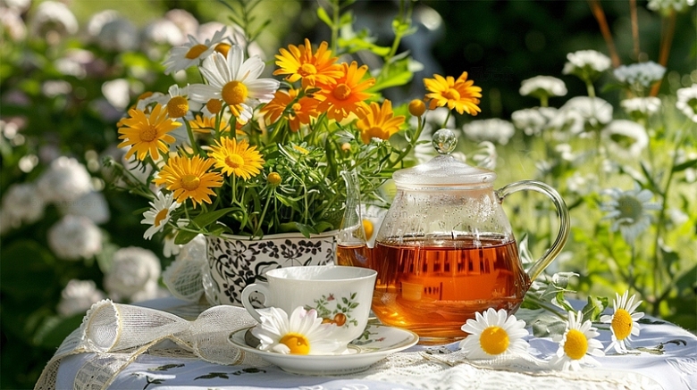 红茶下午茶鲜花植物茶壶茶杯唯美场景