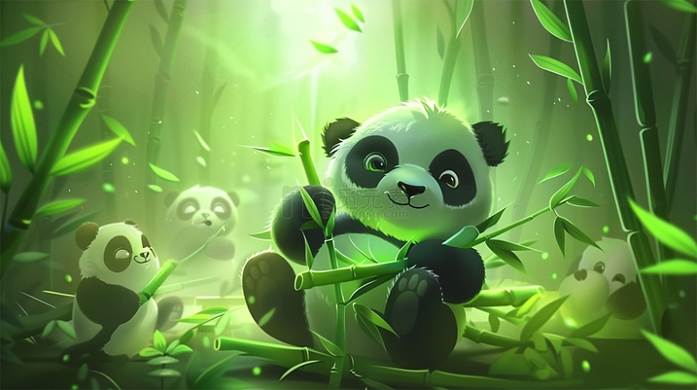 熊猫可爱卡通绿色竹子竹林场景