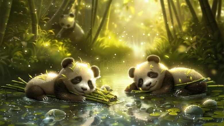 熊猫可爱竹子竹林梦幻唯美场景
